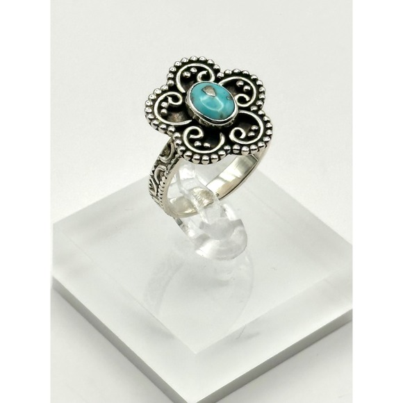 Turquoise Flower Southwestern Sterling Silver Adjustable‎ Ring - Picture 3 of 8
